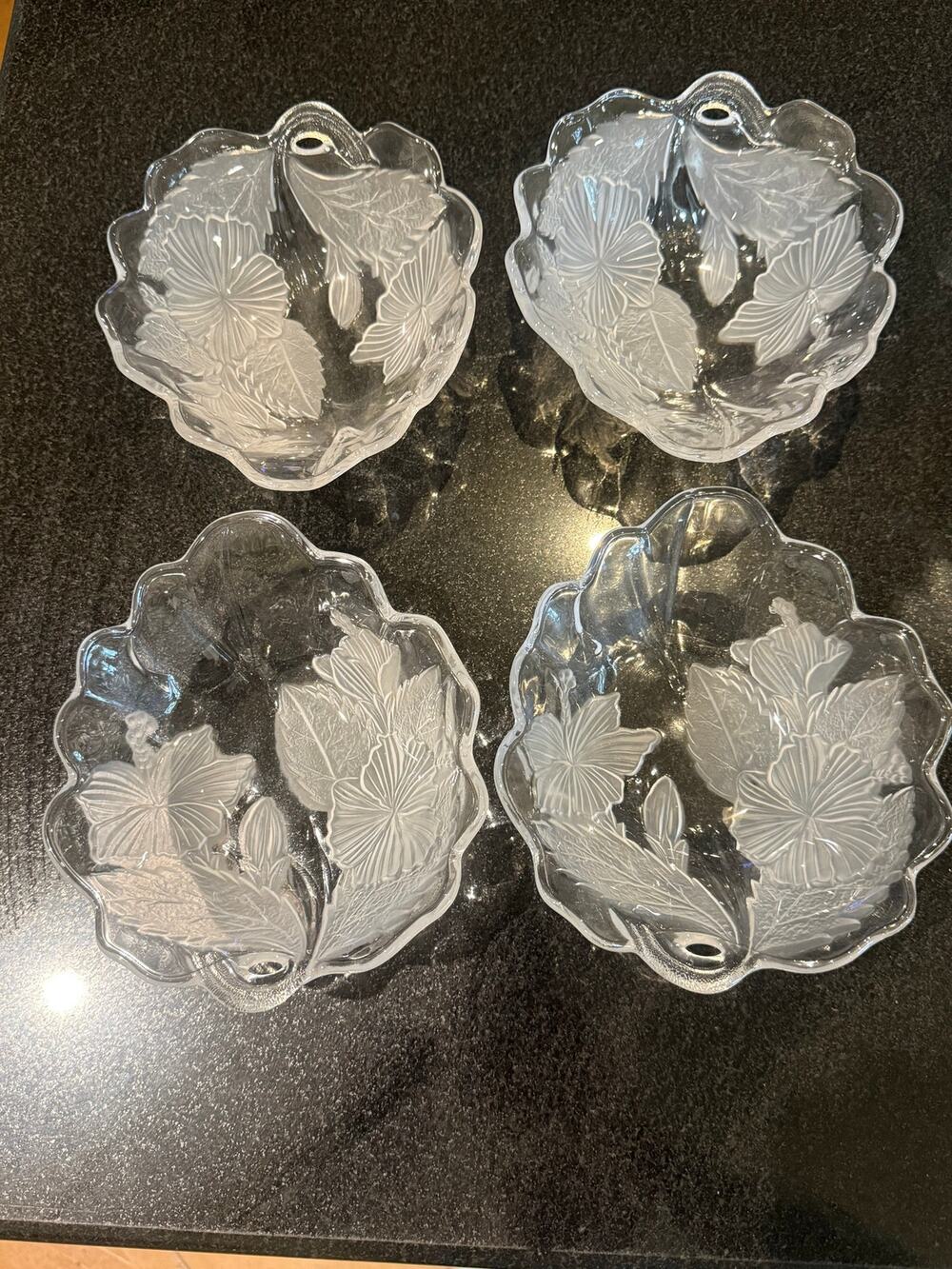 Vintage Frosted Clear Glass Hibiscus Bowls Set 4 Small Dish Plates Handle 6.5"